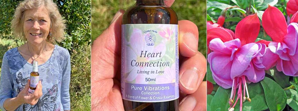 Picture of Catherine Keattch holding a Heart Connection Spray, a close up of a Heart Connection Essence Spray and picture of Fuchsia flowers